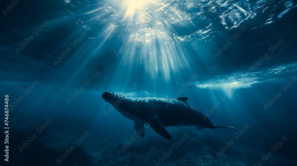 Fototapeta premium a cinematic photo of a whale in the deep blue sae, Whale is close to camera, beautiful Blue water, stunning sunbeams cutting through the water