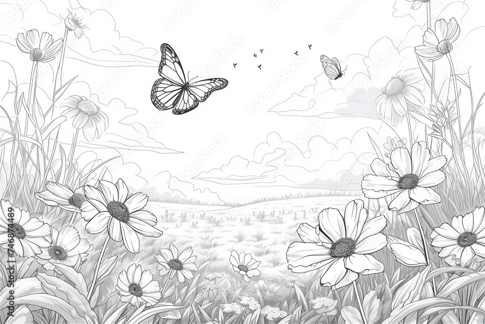 Fototapeta premium Coloring Pages of beautiful flowers with butterfly