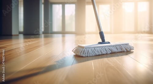 A mop on a wooden floor in a room. 