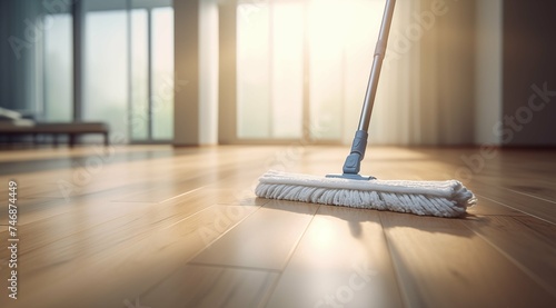 Image of a mop placed on a wooden floor indoors.
