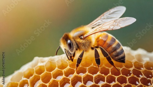 Macro photo of a bee on a honeycomb. National honey bee day. September honey month