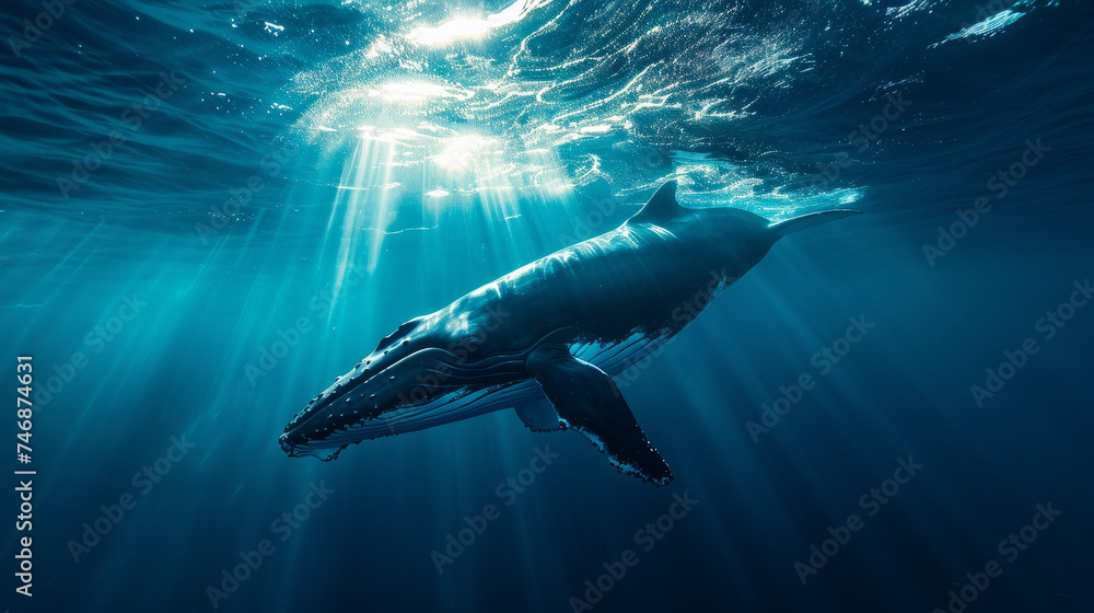 a cinematic photo of a whale in the deep blue sae, Whale is close to camera, beautiful Blue water,  stunning sunbeams cutting through the water