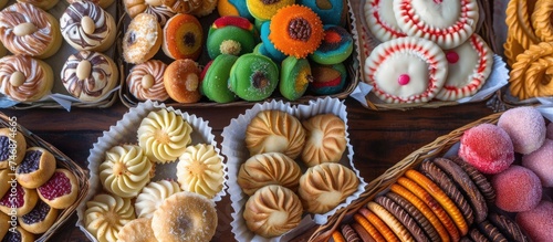 A table is filled with a wide assortment of traditional Mexican pastries, showcasing the rich flavors and textures of authentic bakery treats. From sweet conchas to savory empanadas, these temptations photo