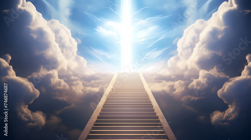 Stairs leading upwards to the sky surrounded by clouds