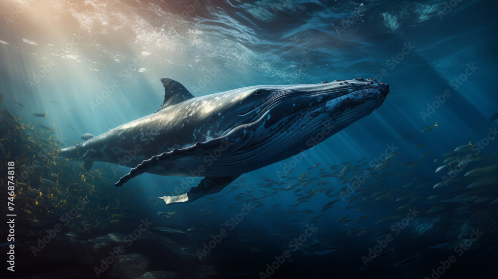Fototapeta premium a cinematic photo of a whale in the deep blue sae, Whale is close to camera, beautiful Blue water, stunning sunbeams cutting through the water