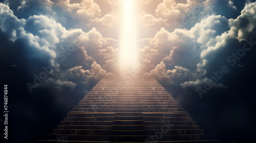 Stairs leading upwards to the sky surrounded by clouds