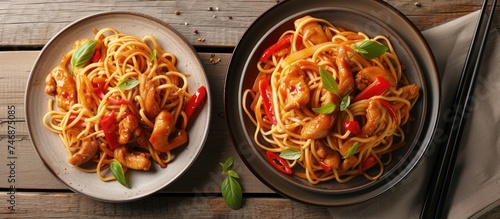 On a wooden table, there are two plates filled with spaghetti noodles topped with slices of chicken and colorful peppers. The chicken and peppers are served in a savory sauce, creating a delicious and