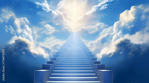 Stairs leading upwards to the sky surrounded by clouds