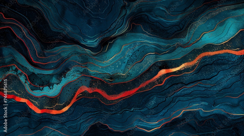 Obraz premium Abstract Marbled Background in Blue and Copper Tones, Artistic Wavy Texture, Elegant Fluid Art for Luxury Design, Wallpaper or Banner