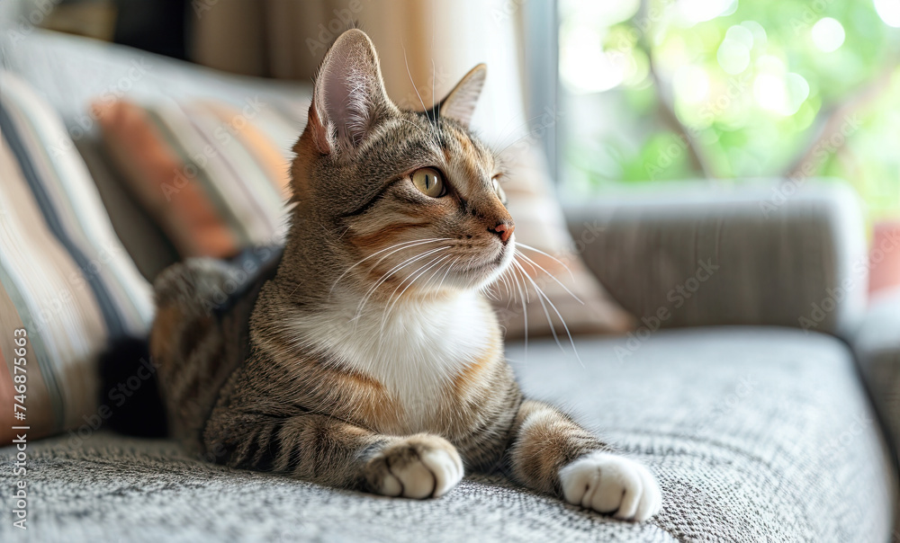 adult cat lounging on couch on sunny day adult cat lounging on couch on sunny day