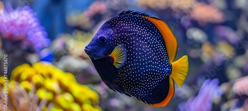 Vibrant dottyback fish swimming among colorful corals in saltwater aquarium environment photo