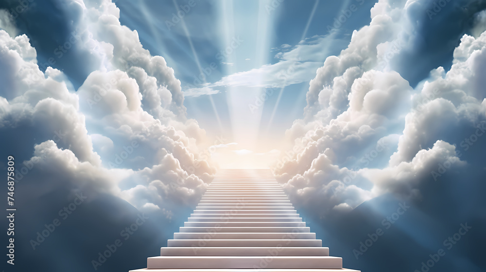 The stairs rise to the endless blue sky, symbolizing the path to success and achievement