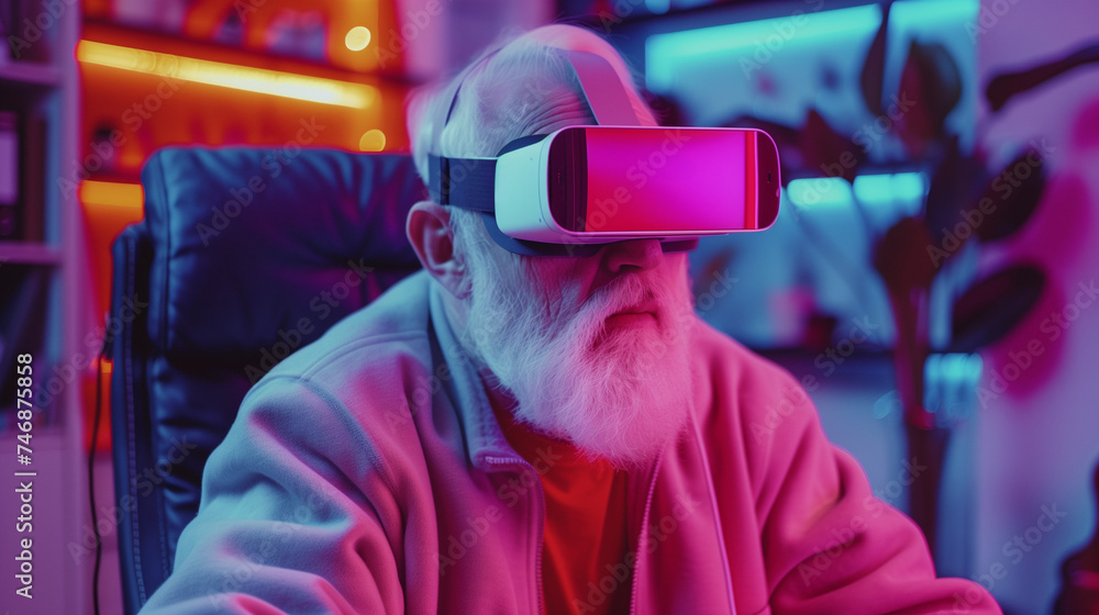 An elderly man with a beard wearing virtual reality glasses on his head. Neon light, banner, copy space.