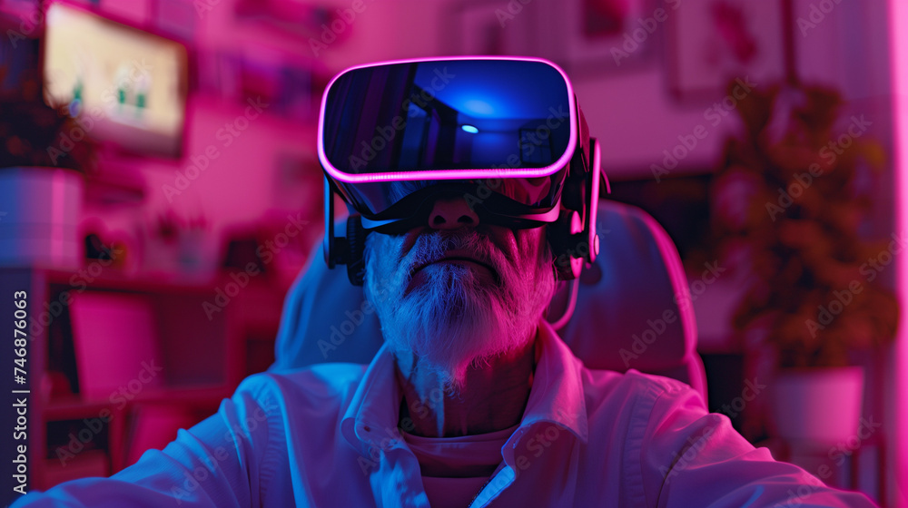 An elderly man is wearing a virtual reality headset indoors. Neon light, banner, copy space. An elderly man is wearing a virtual reality headset indoors. Neon light, banner, copy space.