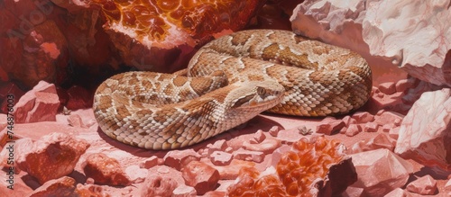 A neotropical rattlesnake is coiled up on some tiny red stones, showcasing its distinctive markings and features. The snake appears calm and at rest, blending in with the rocky surroundings. photo