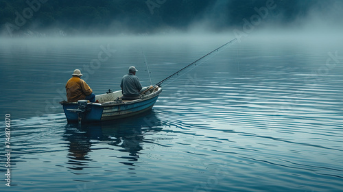 two fishermen in a boat on a calm misty lake 