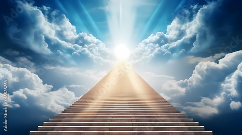The stairs rise to the endless blue sky, symbolizing the path to success and achievement photo