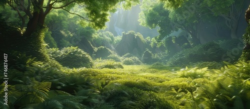 The image showcases a densely packed forest filled with an abundance of lush green trees. The scene is rich in vegetation, with thick foliage creating a captivating view of natures beauty. © 2rogan