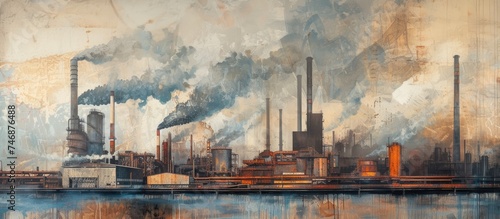 The painting depicts an industrial factory billowing thick smoke into the air. The factory appears to be in full operation  with smokestacks releasing pollutants into the atmosphere.