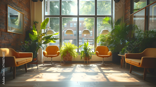 Clinic lobby with plants in the room. Lobby clinic with comfortable seating and plants greenery. Generative AI © somchairakin
