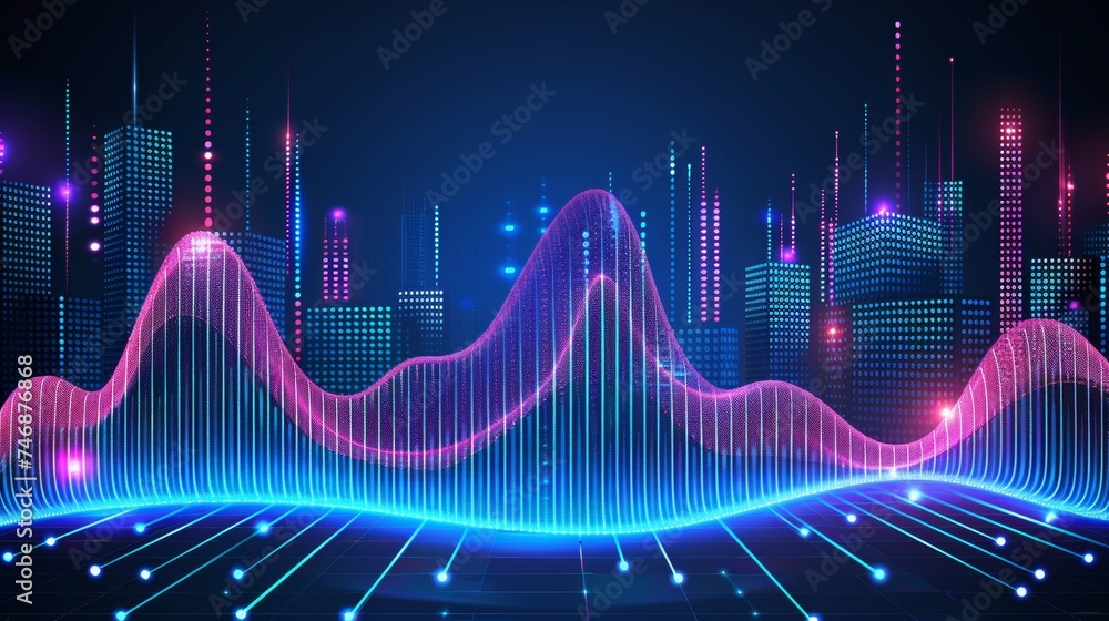 Pink and blue neon waves with bokeh lights, data transfer concept, futuristic wallpaper concept. Pink and blue neon waves with bokeh lights, data transfer concept, futuristic wallpaper concept.