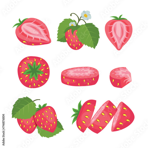 Set of fresh strawberry fruit set kit collection isolated on white background vector, with green leaves whole and half sliced set, sour fresh fruit, bright yellow peel, vector illustration