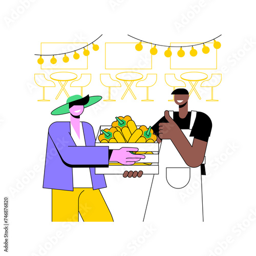 Selling farm products to restaurants isolated cartoon vector illustrations. Farmer sells vegetables to restaurant worker, agribusiness industry, natural food supply vector cartoon.