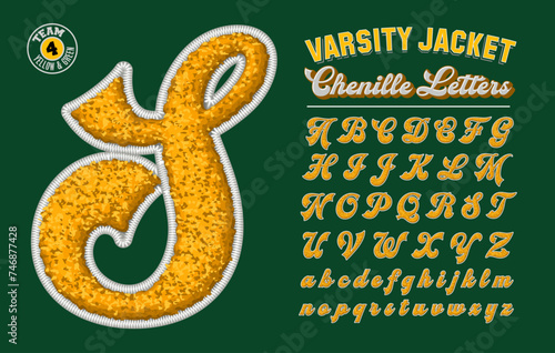 A varsity letterman jacket style collection of letters in green and yellow team colors. Chenille fabric effect on 3d alphabet. photo