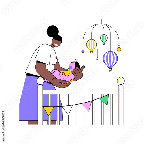 Putting a baby in bed isolated cartoon vector illustrations. Beautiful mother put her newborn baby in bed, moms home routine, young parents daily chores, infant care vector cartoon.