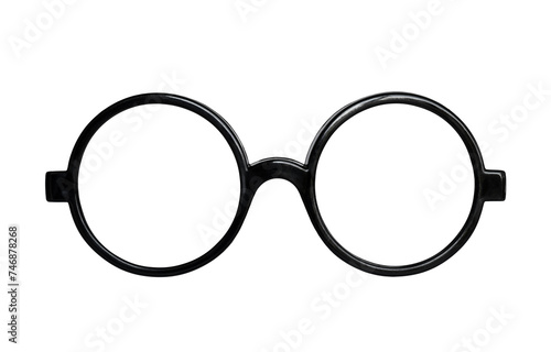 Black plastic round nerd eyeglasses isolated cutout on transparent photo