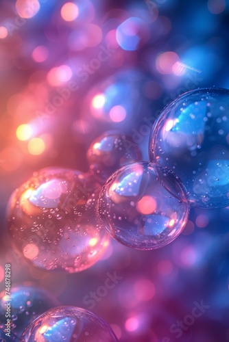 An abstract background with pink, purple, and blue bubbles and spheres. 