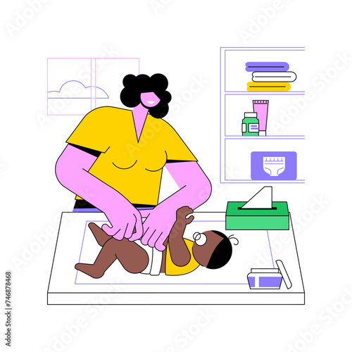 Changing diaper isolated cartoon vector illustrations. Cheerful mom changing diaper to her newborn baby, happy motherhood, young parents home routine, daily chores, kids care vector cartoon.