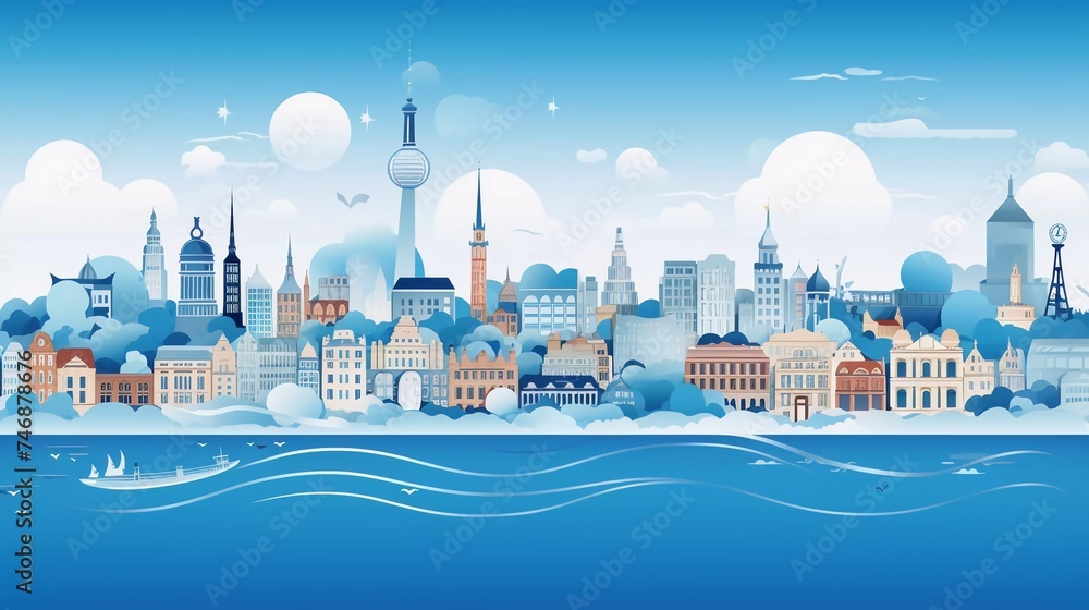 
Panoramic view of the city skyline with world famous landmarks in a very vivid paper cut style vector illustration - obrazy, fototapety, plakaty 