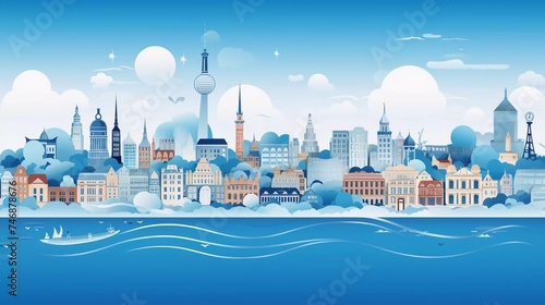  Panoramic view of the city skyline with world famous landmarks in a very vivid paper cut style vector illustration