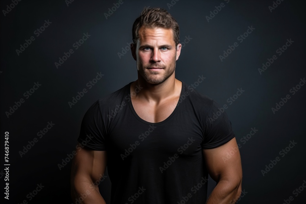 Portrait of a handsome young man in a black t-shirt.