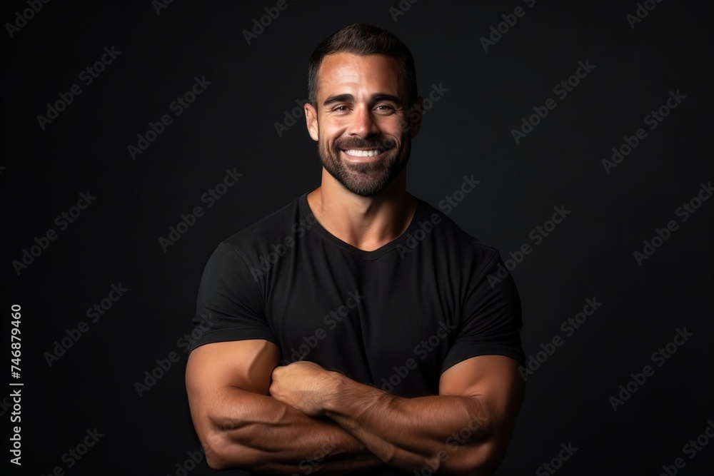 Portrait of a handsome man smiling with arms crossed on black background
