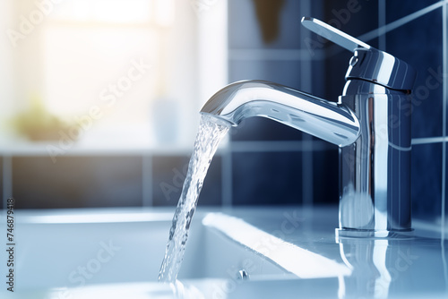 Water flows from tap into bathroom sink, a plumbing fixture. Saving running water. Environment, climate change, saving resources. © Anastasiia
