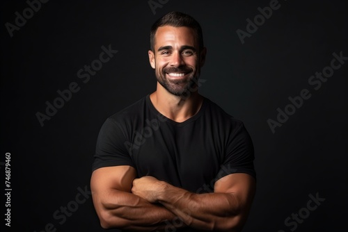 Portrait of a handsome man smiling with arms crossed on black background © Loli