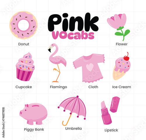 Set of pink color objects vocabulary collection, Learning colors for kids. Worksheet for children, preschool. education of children, flashcards with colors, Primary colors flashcard.
