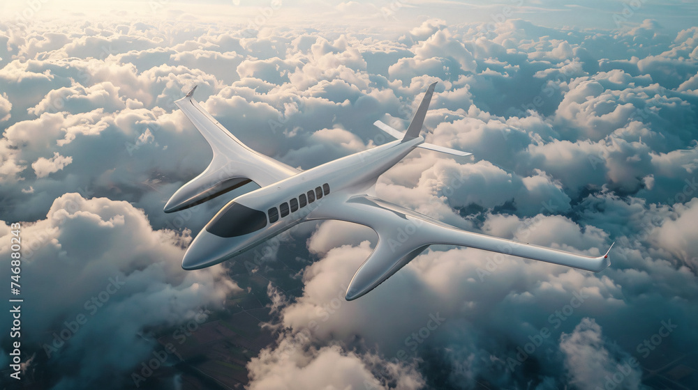 A futuristic hydrogen powered airplane flying above the clouds representing the next generation of sustainable air travel - obrazy, fototapety, plakaty 