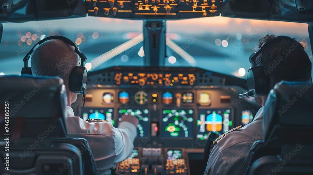 A pilot and co pilot in an aircraft cockpit reviewing eco friendly flight routes that reduce emissions and fuel consumption - obrazy, fototapety, plakaty 