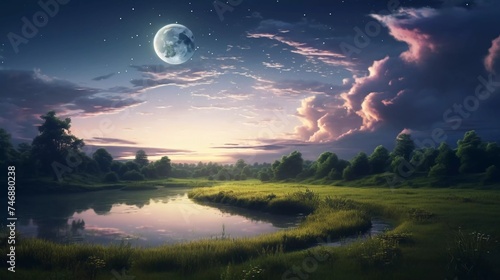 Rural scene with river and crescent moon in the sky, very impressive photo manipulation