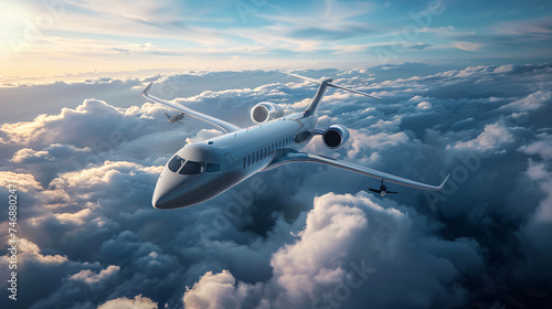 A futuristic hydrogen powered airplane flying above the clouds representing the next generation of sustainable air travel photo