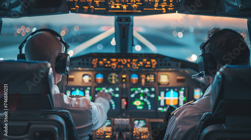 A pilot and co pilot in an aircraft cockpit reviewing eco friendly flight routes that reduce emissions and fuel consumption photo