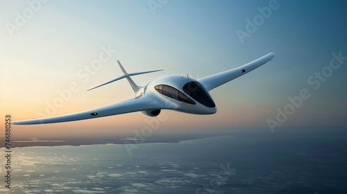 A sleek futuristic electric airplane taking off against a backdrop of a clear blue sky symbolizing the dawn of zero emission air travel