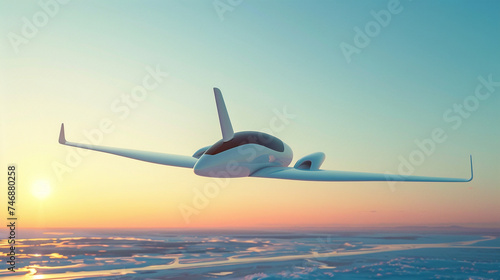 A sleek futuristic electric airplane taking off against a backdrop of a clear blue sky symbolizing the dawn of zero emission air travel