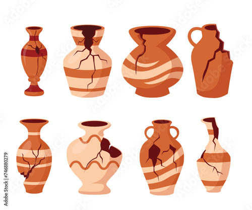 Set of Broken Ancient Vase set collection, Old greek jar vector. Cartoon cracked pieces clay pottery pot icon. Cracked greek pitcher. Excavations. Museum ceramic urn artifact vintage jug crockery.