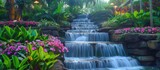 A dazzling waterfall flows through a lush tropical garden, surrounded by vibrant pink flowers in full bloom. The cascading water creates a soothing sound as it descends into a serene pool below.