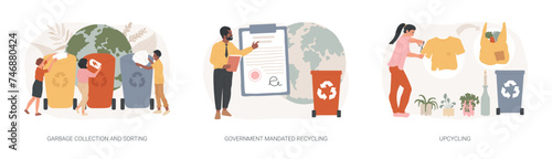 Waste disposal and reuse isolated concept vector illustration set. Garbage collection and sorting, government mandated recycling, upcycling, curbside program, reduce consumption vector concept.