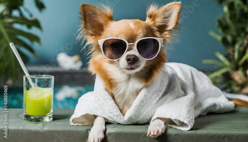Chihuahua dog relaxing and lying, in spa wellness center ,wearing a bathrobe and funny sunglasses 